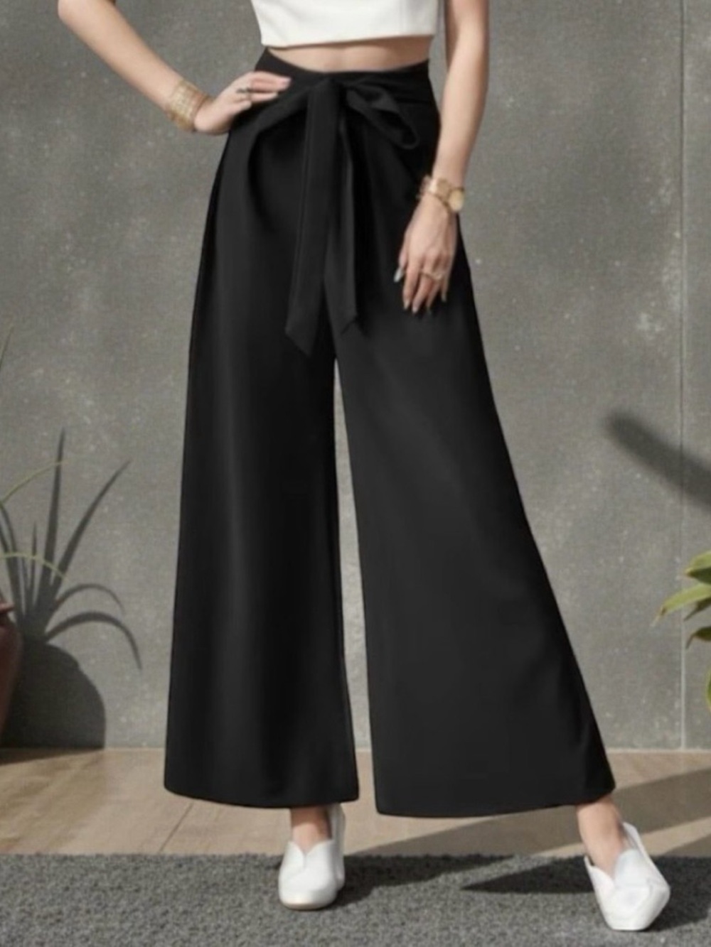 NWT Abercrombie & Fitch Wide Leg Cropped Trouser Pants with Tie in Black Satin